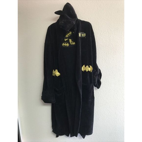 DC Comics Adult One Size Superhero Plush Fleece Mask Hooded Robe Logo Black Tie - Picture 2 of 16